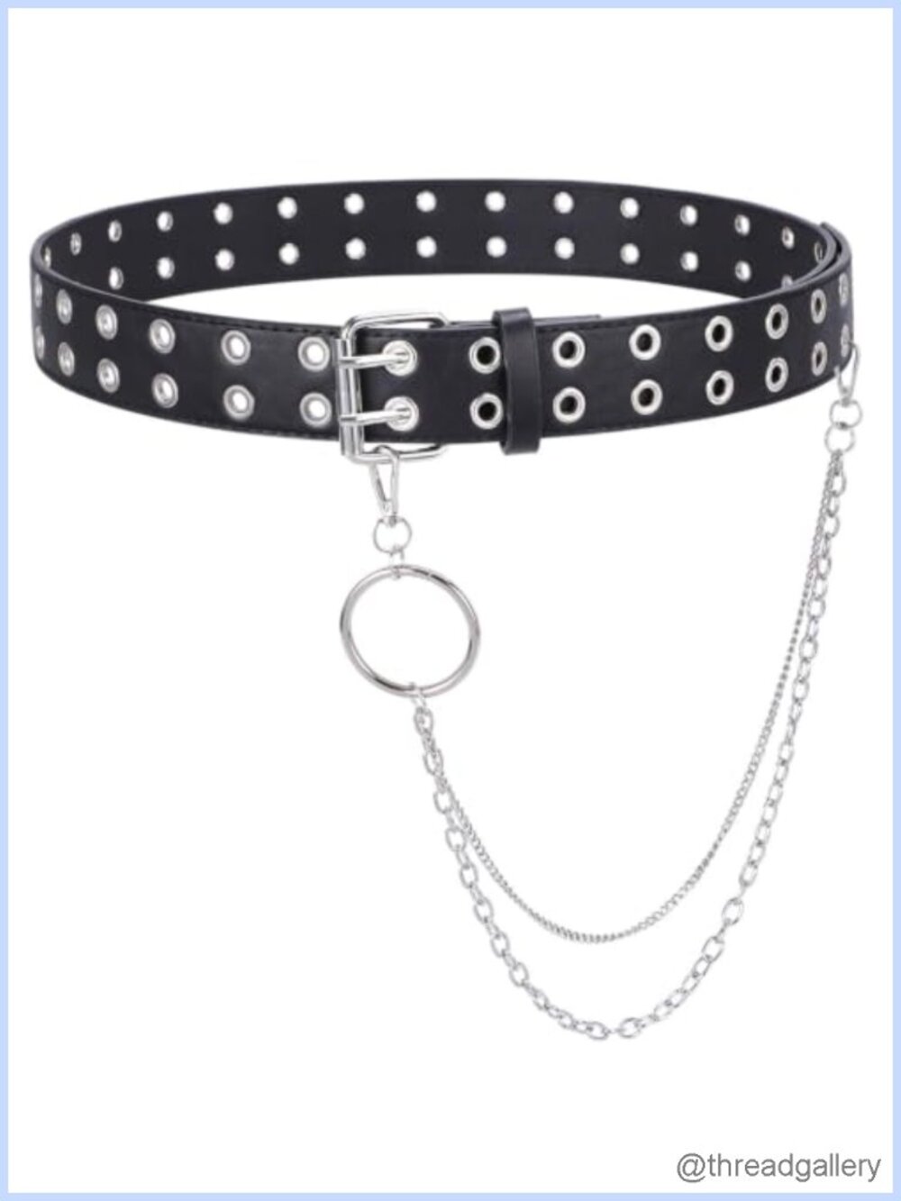 Double Grommet Belt PU Leather Double Prong Buckle Punk Rock Chain